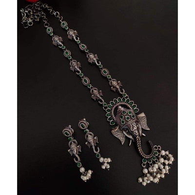 Silver look alike Ganpati stone necklace set-Necklace-Oxidised Jewellery-Fashtreet India