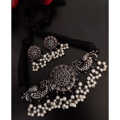 Silver look alike stone choker set-Necklace-Oxidised Jewellery-Fashtreet India