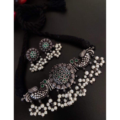 Silver look alike stone choker set-Necklace-Oxidised Jewellery-Fashtreet India